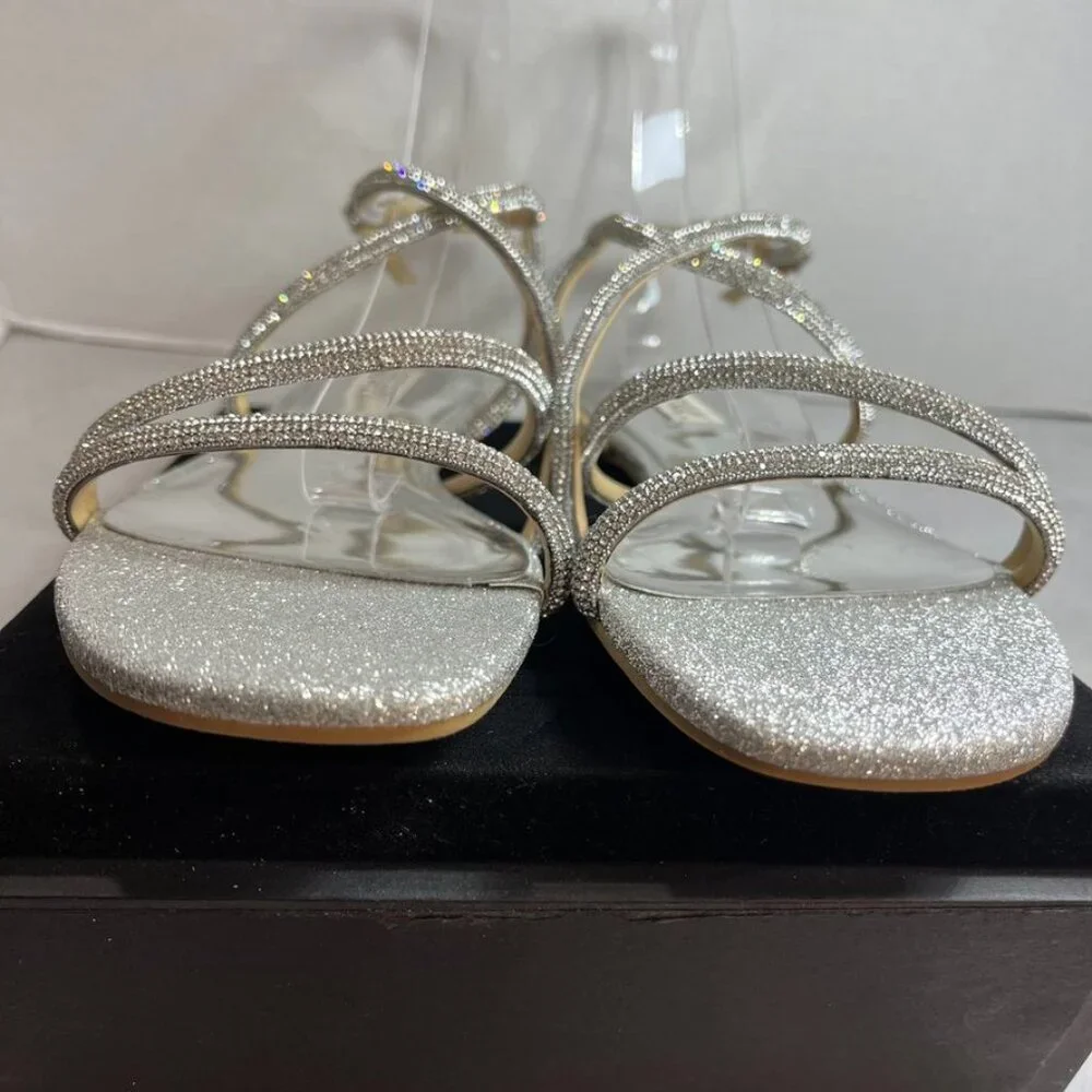 Badgley Mischka Crystal Strappy Flat Sandals Silver 10M